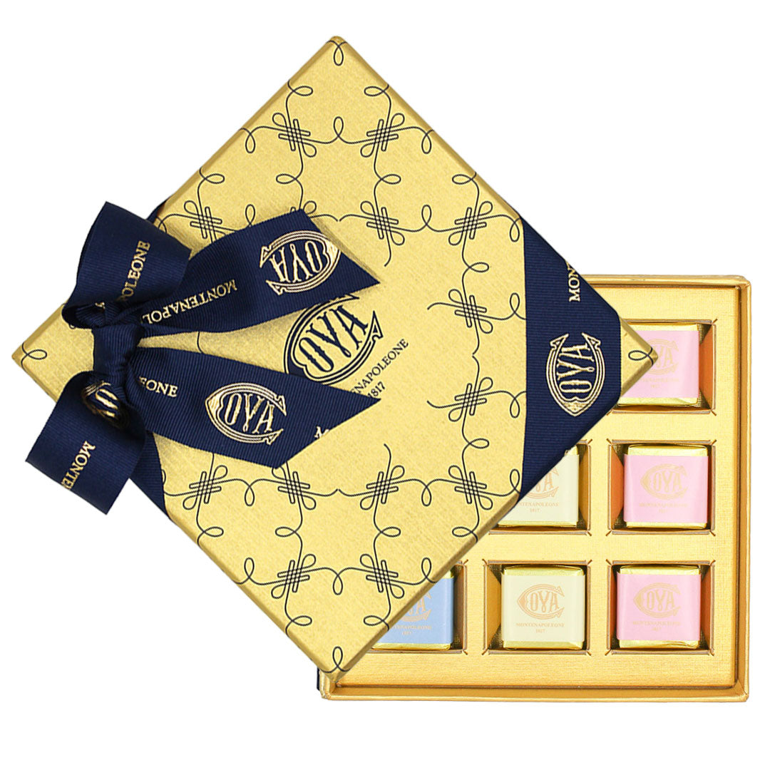 Boîte Dorée avec Pralines et Chocolates Quadrotti 9pcs